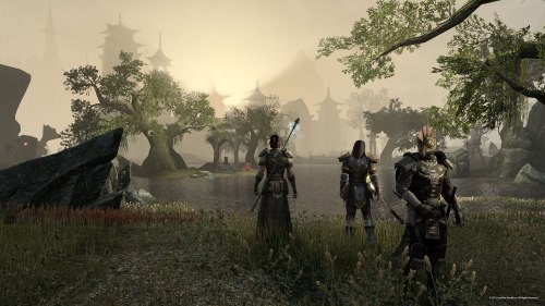 A trio of adventurers near the Dunmer capital, Mournhold.